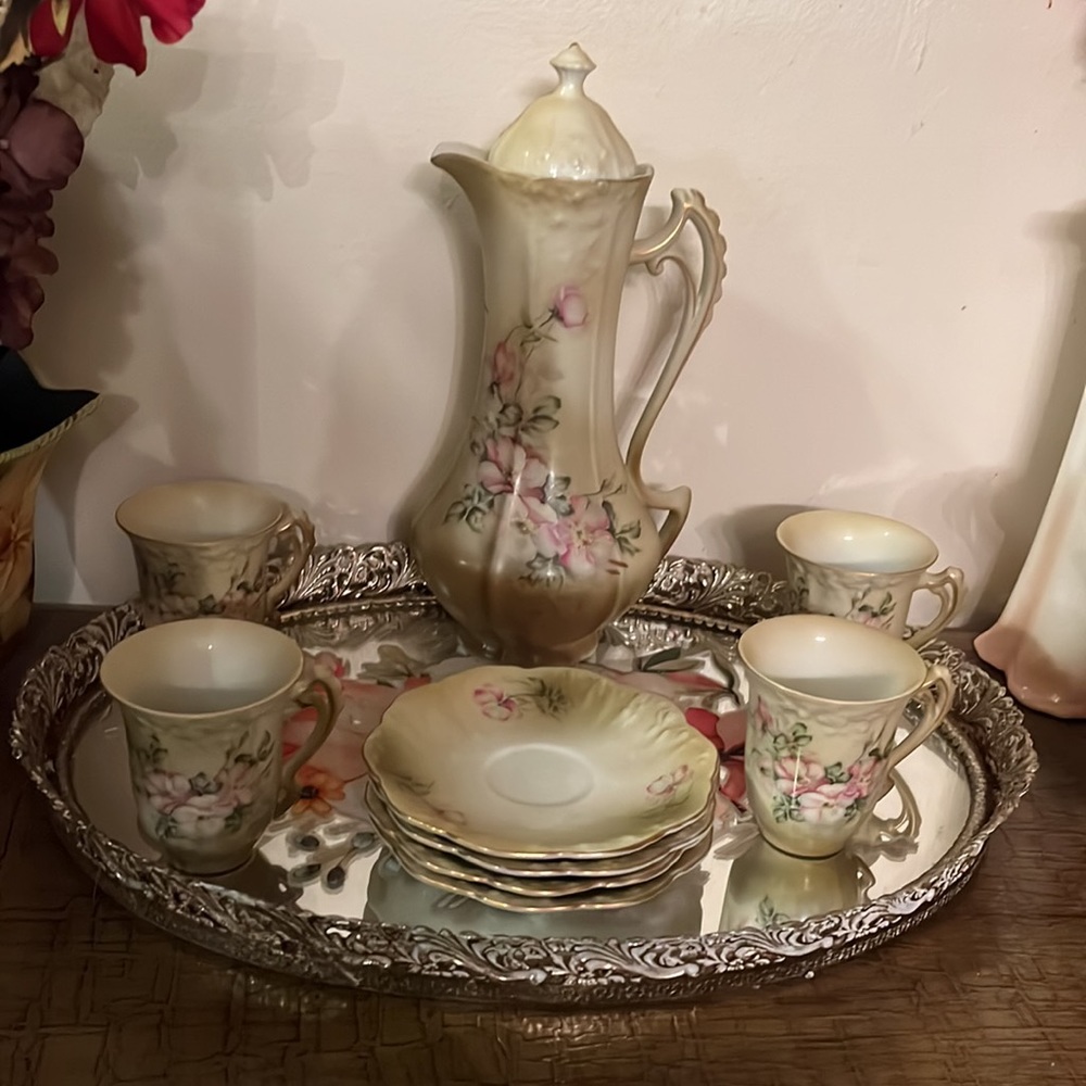 10 piece Hand-painted Nippon chocolate pot with 4 cups and saucers.